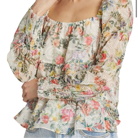 Alice + Olivia | Rowa Smocked Eyelet Floral & Butterfly Blouse, Size XS - Picture 3 of 14